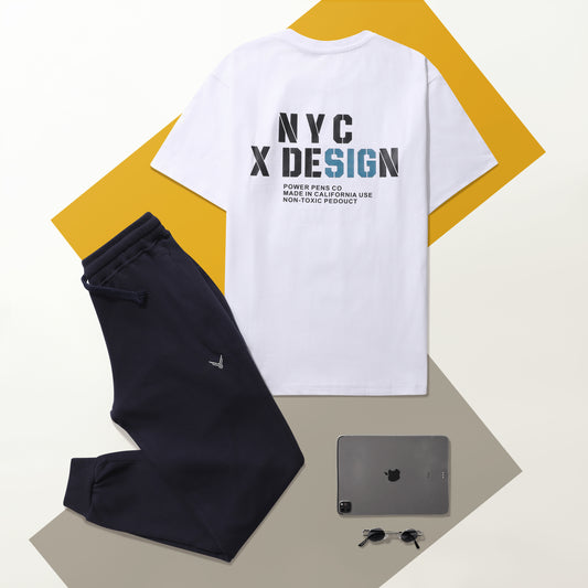 تشيرت NYC Design أبيض × بنطلون كحلي