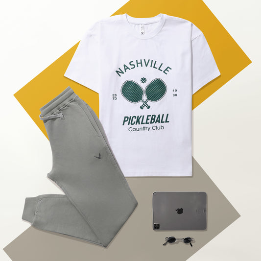 تشيرت Nashville أبيض × بنطلون زيتي فاتح